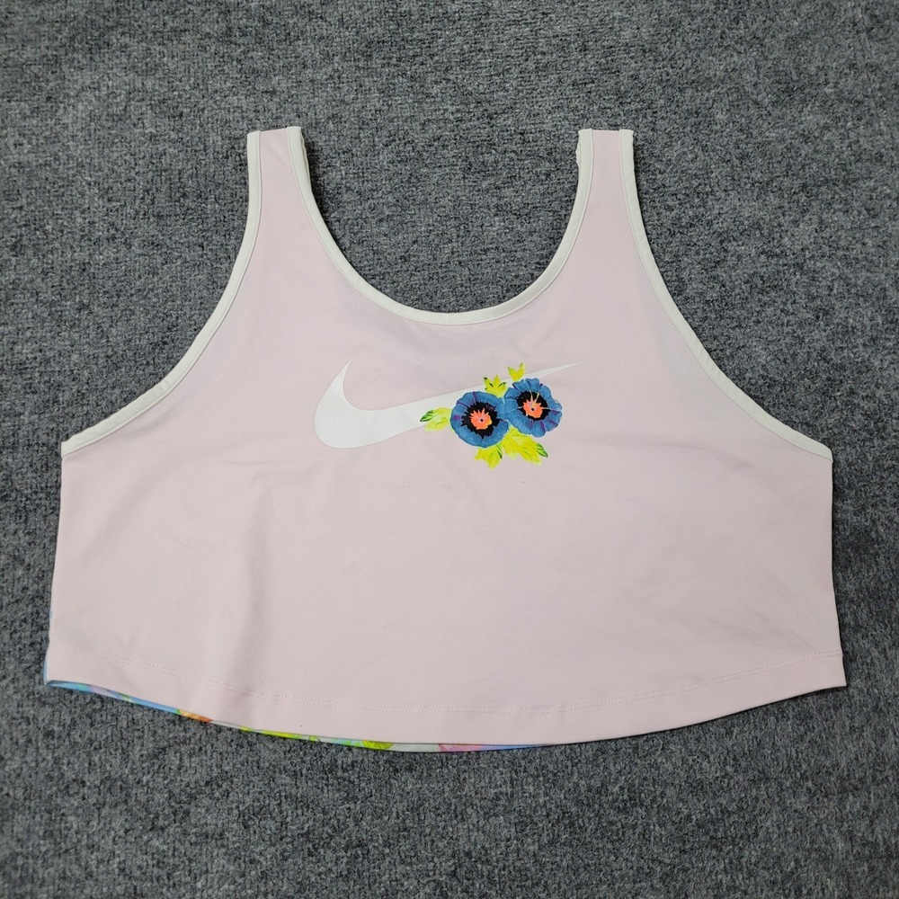 Nike Tank Top Womens Size L Pink Reversible Floral Tropical Parrot Crop Athletic